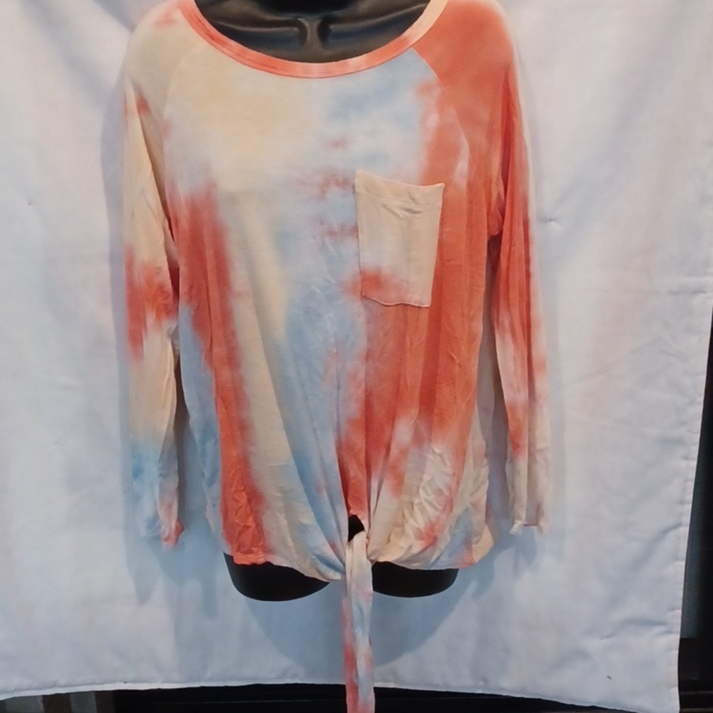 Coral Tie Dye Long Sleeve Tie Front Top